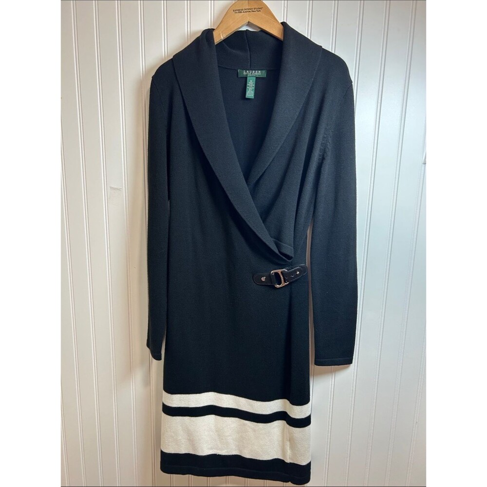 Lauren Ralph Lauren Black Dress with WHITE Hem Stripe and Side Buckle Size M.